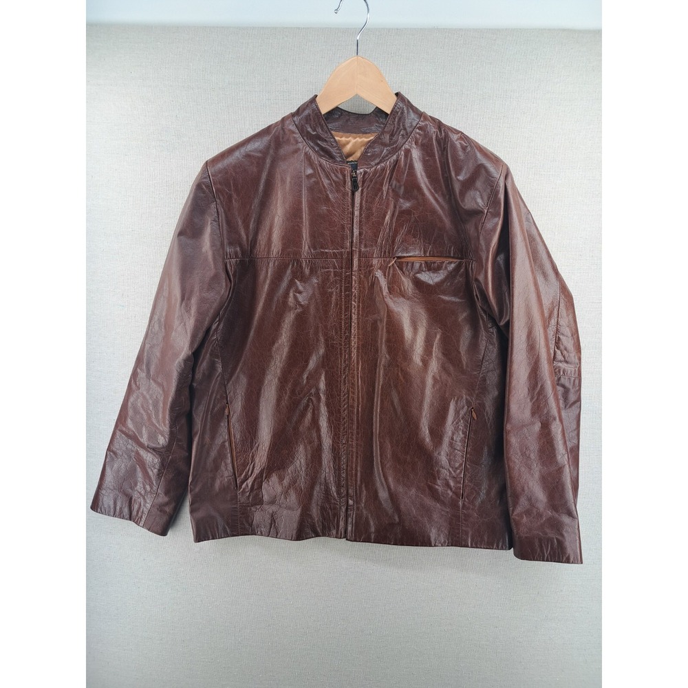 Vtg Leather Jacket Womens Large Brown Moto Racer Biker Band Collar